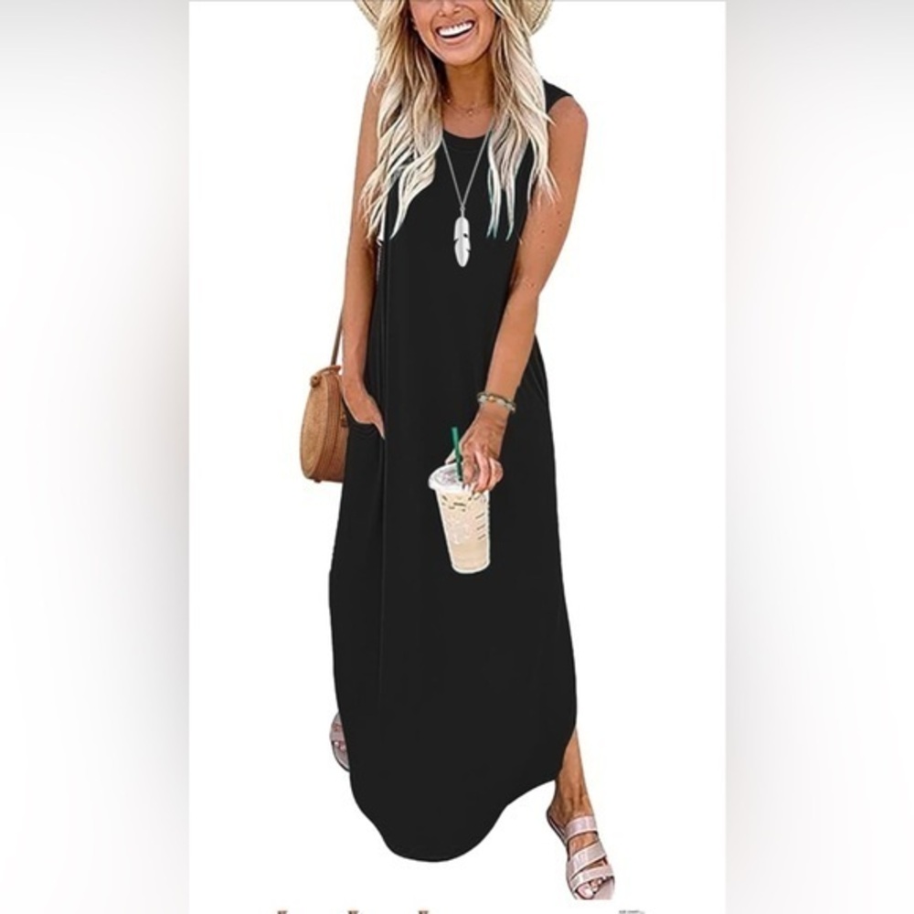CUPTACC Women's Long Dress Summer Maxi Sleeveless Casual Beach With Pockets L
